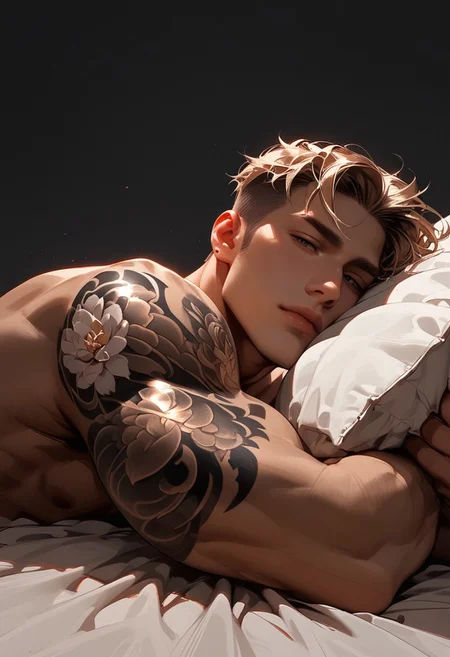 score_9, score_8_up, score_7_up, very aesthetic, 1boy, handsome, solo , naked, laying on stomach in a white bed, underarm hair, relaxed, head resting in a pillow, perfect ass, homoerotic, looking at viewer, perfect face, dramatic lighting, vivid grey background, below side view, ass focus, floral arm tattoo, floral shoulder tattoo,