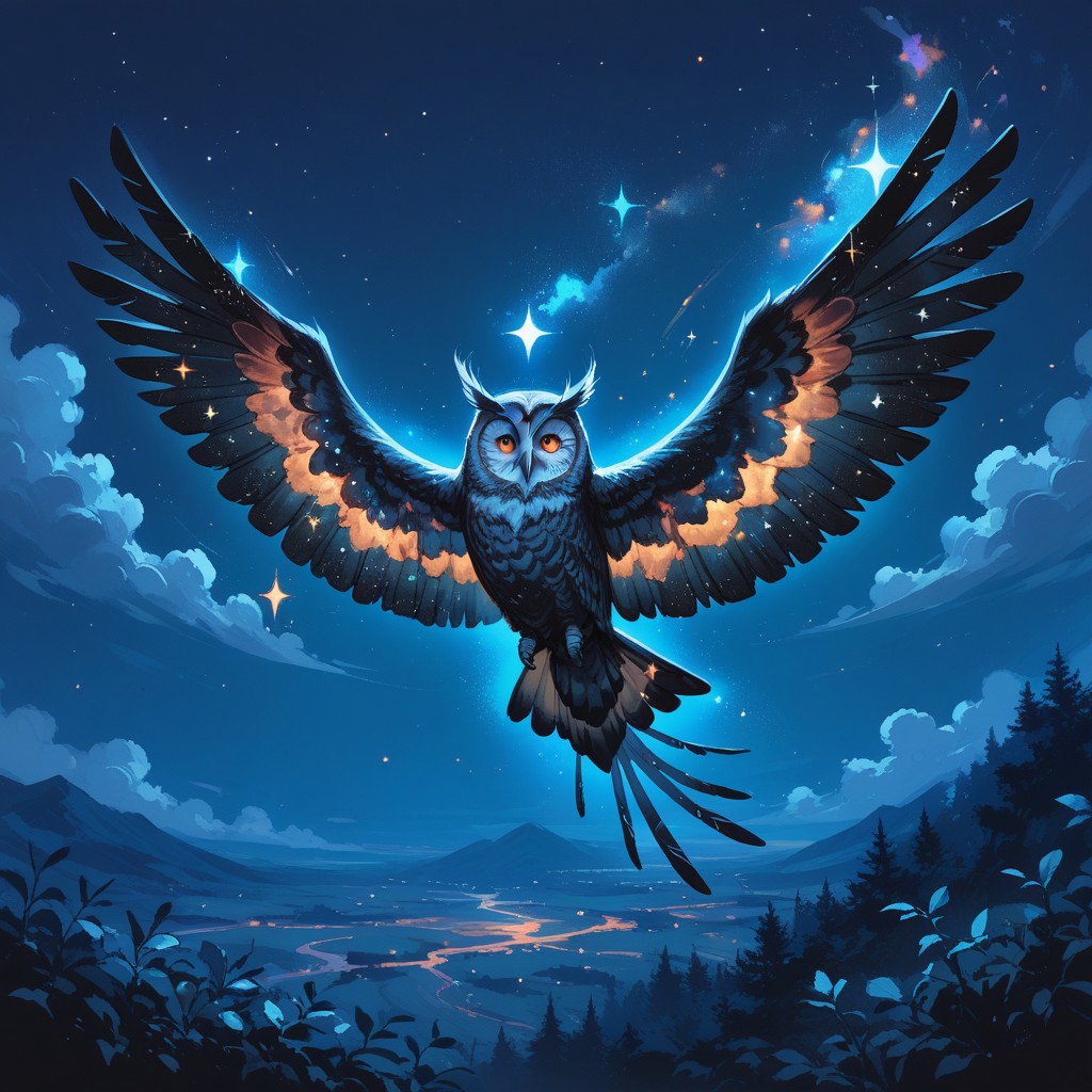 lazyup7, source_anime, galaxy owl, night, flying, wings spread