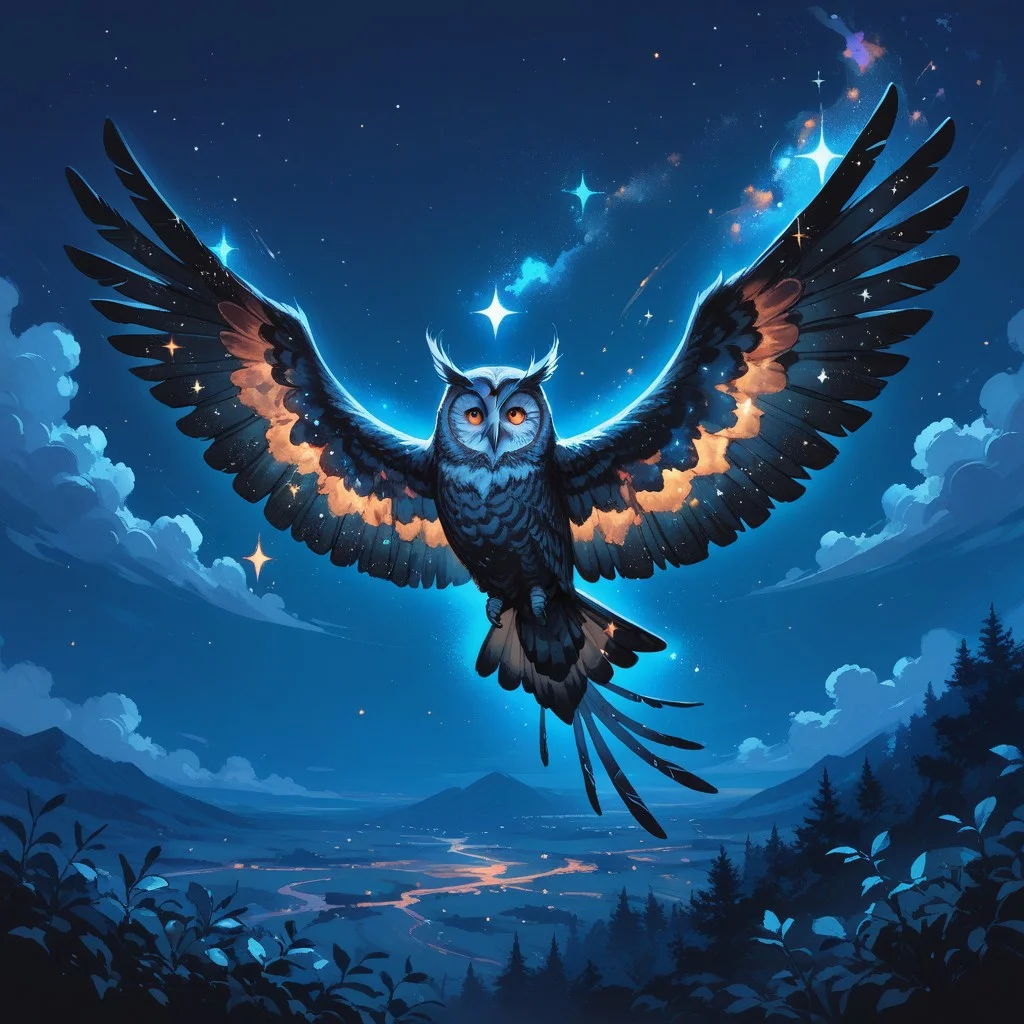 lazyup7, source_anime, galaxy owl, night, flying, wings spread