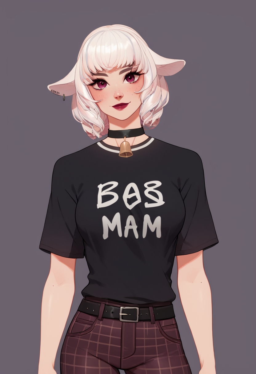 score_9, score_8_up, score_7_up, score_6_up, 1girl, solo, <lora:Bo_Sheep__vTuber:1>, Bo Sheep, black shirt, Choker, Neck Bell, belt, plaid pants, detailed eyes, perfect face, perfect eyes, sexy, sexy girl, beautiful eyes, petite body, thick thighs, medium breasts, standing, dynamic posing, light smile, simple background, dynamic angle, cowboy shot<lora:Pony_QualityV4.0> <lora:IndigoToonMix_Style-000010> <lora:blmn-sdxl>