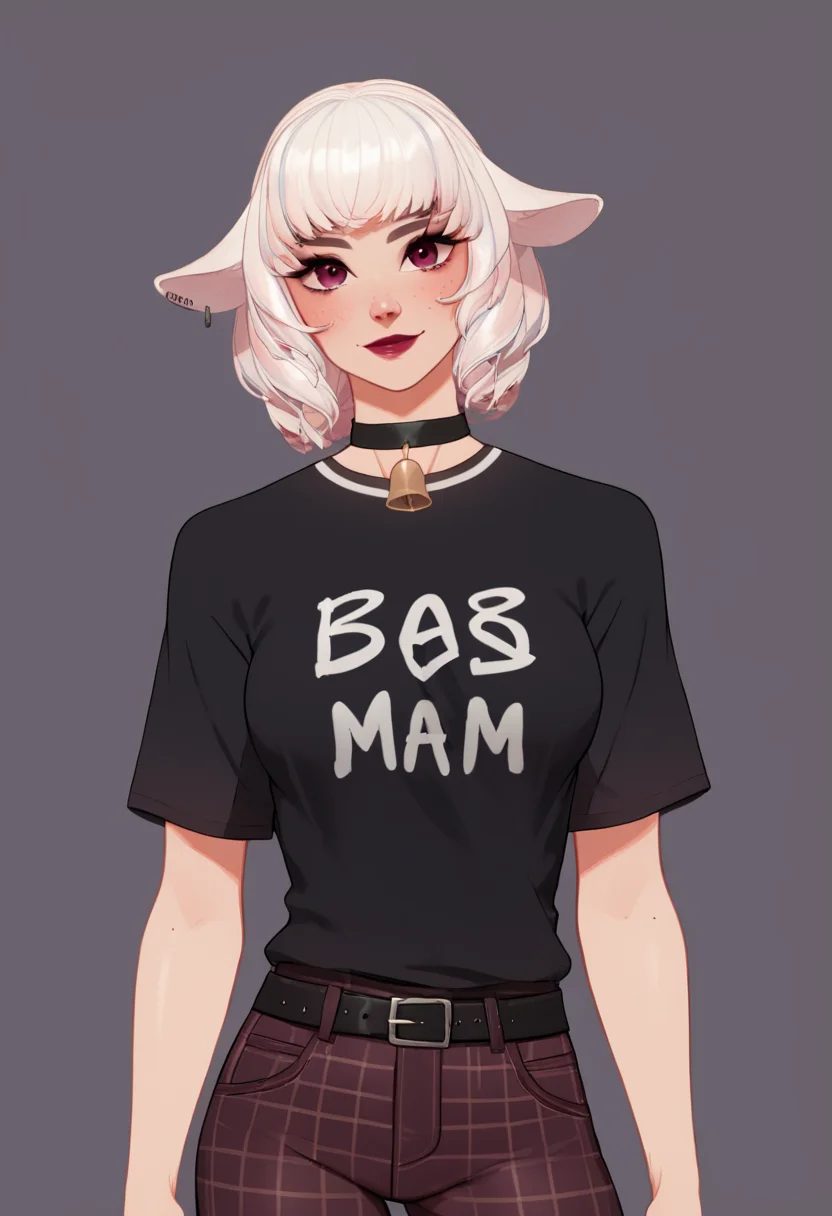 score_9, score_8_up, score_7_up, score_6_up, 1girl, solo, <lora:Bo_Sheep__vTuber:1>, Bo Sheep, black shirt, Choker, Neck Bell, belt, plaid pants, detailed eyes, perfect face, perfect eyes, sexy, sexy girl, beautiful eyes, petite body, thick thighs, medium breasts, standing, dynamic posing, light smile, simple background, dynamic angle, cowboy shot<lora:Pony_QualityV4.0> <lora:IndigoToonMix_Style-000010> <lora:blmn-sdxl>