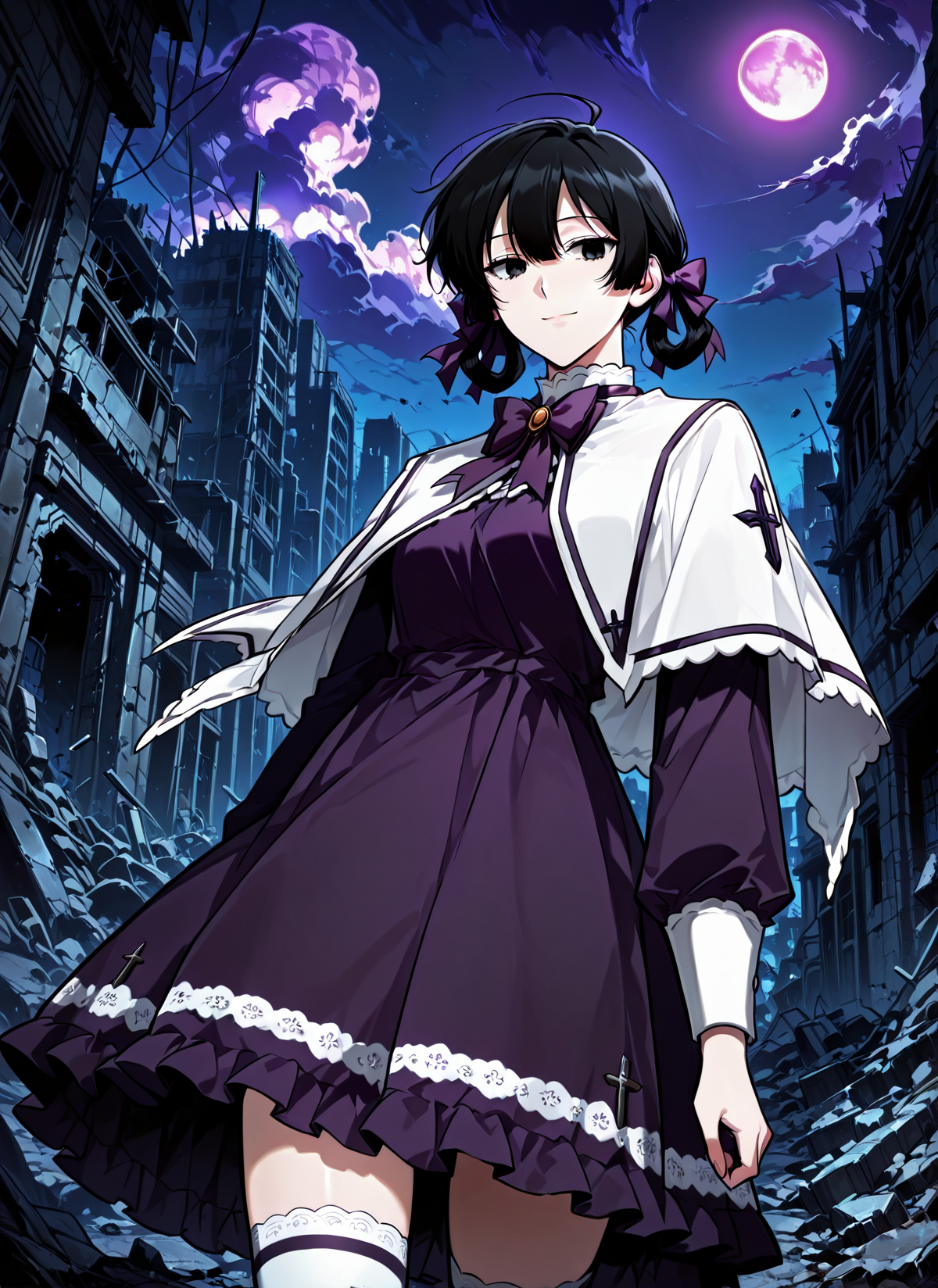 <lora:Asmodeus___Omniscient_Readers_Viewpoint__Illustrious:1>
solo, black hair, black eyes, short hair, twintails, braid twin braids, bangs, ahoge, hair between eyes, hair rings,
purple dress, frilled dress, bow, hair bow, long sleeves, purple bow, frills, purple bowtie, thigh-high socks, white capelet
score_9, score_8_up, score_7_up, very aesthetic, source_anime, detailed, high quality, beautiful, masterpiece, detailed eyes, destroyed city, ruins, cowboy shot, dynamic angle, upper body, light smile, dynamic pose, night, purple moon <lora:iLLMythG0thicL1nes:1>