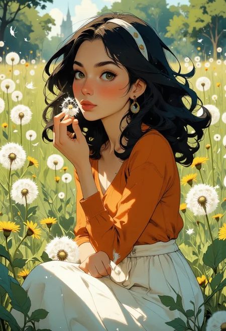 Anime art. Closeup. Scene of a girl sitting in a field of white and yellow flowers. Pretty 20 year old Egyptian girl with long black hair, and olive skin. She has a round face and very light brown eyes. She is wearing a vibrant orange top and white skirt. She is holding a dandelion up to her face. Her full lips are puckered into a circle as she blows away the dandelion petals, which are scattering in the wind. It is mid day but slightly overcast. A lush green field spotted with white and yellow dandelions comprises the background. The stiff breeze is catching her hair. The mood is serene and playful. Perfect hand. Highest quality, best quality, masterpiece.