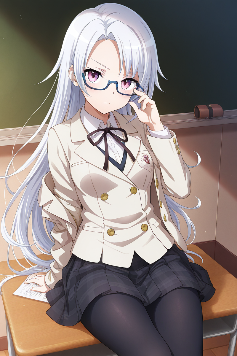 masterpiece, best quality, amazing quality,
 <lora:Shiro_IL:1> shiro, 1girl, solo, school uniform, glasses, long hair, pantyhose, skirt, jacket, looking at viewer, ribbon, blazer, blue-framed eyewear
