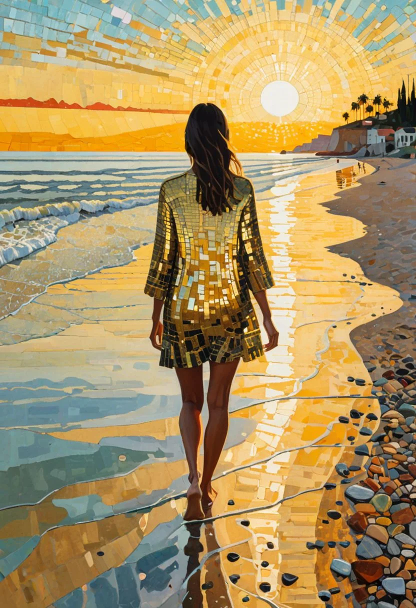 (digital art by Peter Doig  and Andrea Pisano:1.2),
Woman walking on the beach, golden hour,
aesthetic of mosaic art, unconventional supreme masterpiece,
masterful details, temperate atmosphere.(balanced center composition, :0.5)