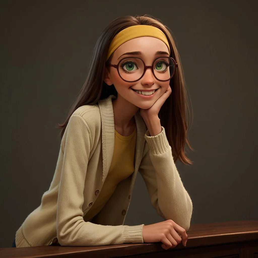 score_9, score_8_up, score_7_up, score_6_up, score_5_up, score_4_up, rating_questionable, 1girl, Hon_Lem, Glasses, smiling, skinny, tall, small saggy breasts, bending over, looking back at viewer, yellow headband, green eyes