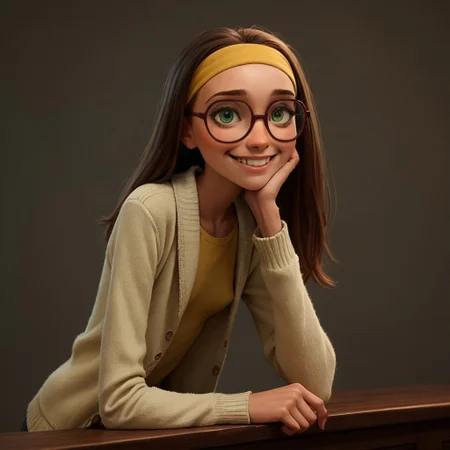 score_9, score_8_up, score_7_up, score_6_up, score_5_up, score_4_up, rating_questionable, 1girl, Hon_Lem, Glasses, smiling, skinny, tall, small saggy breasts, bending over, looking back at viewer, yellow headband, green eyes