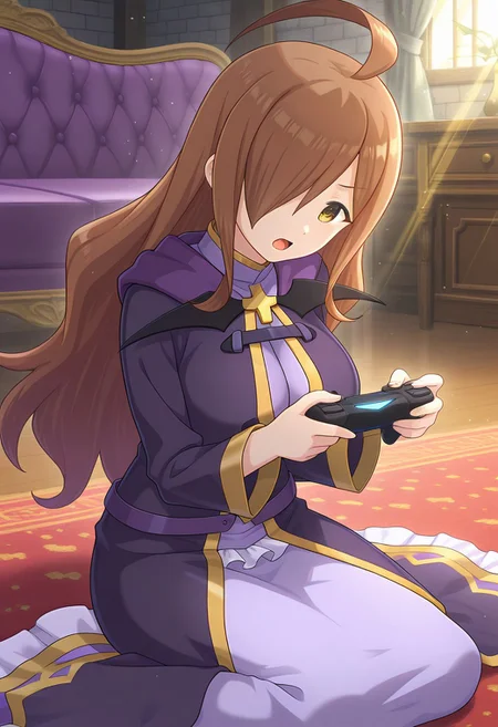 masterpiece, best quality, amazing quality, absurdres, particles of light, front shot cinematic angle, various angles, detailed background, beautiful background, (rays light:1.0), (highly detailed), masterpiece, best quality, amazing quality, BREAK
Wiz-Liver020, 1girl, solo, ahoge, wiz \(konosuba\), mature female, long hair, large breasts, hair over one eye, brown eyes, brown hair, long sleeves, dress, robe, purple robe, long robe, long skirt, very long hair, purple dress, small belts, cross ornament, purple belt, big breasts, jewelry, long dress, long sleeves, purple dress, wide hips, ornaments, mature female, BREAK indoors, carpet, couch, 1girl, solo, serious, open mouth, full body, sitting, wariza, dynamic pose, frilled, lace trim, playing games, leaning forward, hands up, body tilt, head tilt,