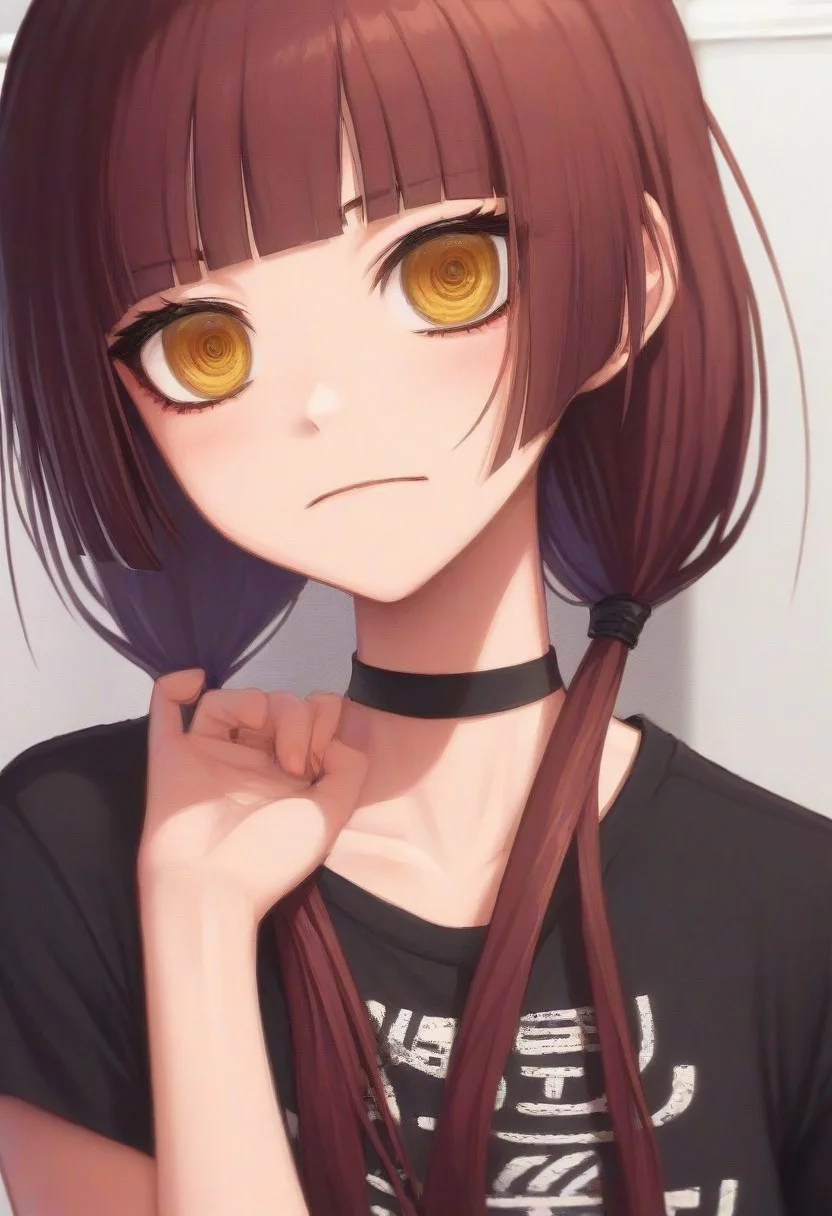 score_9, score_8_up, score_7_up,  1girl, solo, HarumiTaniguchi, yellow eyes, brown hair, long hair, low twintails, blunt bangs, blunt ends, black shirt, t-shirt, black choker, goth, eyeliner, eyeshadow, <lora:ChamHarumiTaniguchiPonyXL:1>, , <lora:add-detail-xl:1.1>,  <lora:enhancerV4-pony:1>, <lora:PerfectEyesXL:0.8> perfecteyes,, BRAKE ,score_9, score_8_up, score_7_up, detailed face, detailed body, best background, detailed background, uncensored, pale skin, shiny skin,, ,<segment:yolo-face_yolov8m.pt,0.4,0.5//cid=1>  ,, , <lora:HandFineTuning_XL:1>,, BRAKE anime screencap, anime coloring,