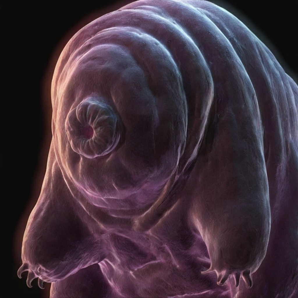 A cute tardigrade looking at the camera, vibrant colors, black background, 8k, High definition, vibrant colors <lora:Tardi:.9>
