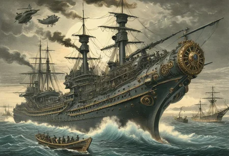 concept-art, engraving of steampunk pre-dreadnough class battleship carrying flying machines, bay of Tokio, 1863 by Gustave Dore and hokusai undertones