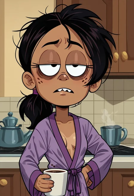 score_9, score_8_up, score_7_up, score_6_up, 1girl,solo,best quality,4k,
dark tan skin, black hair, hair down, messy hair, freckles on her cheeks, two buck teeth,show accurate, perfect anatomy, four fingers,
 indoors, kitchen background, show accurate, perfect anatomy, perfect hands, wear only purple bathrobe, loose clothes, one hand holding cup of coffee, one hand on hip, perfect hands, bags under eyes, sleepy eyes, loose clothes, eyes half close, small breast,
