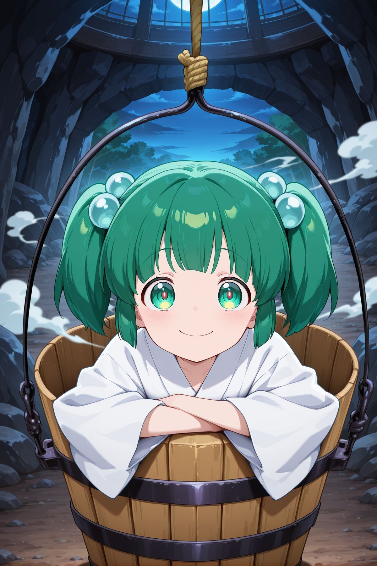 absurdres, highres, masterpiece, best quality, amazing quality, official anime artwork, screencap, anime screencap, indoors, looking at viewer, cave, night, glowing eyes, evil smile, smoke, 
<lora:Kisume_Illustrious:1> kisume, 1girl, solo, green eyes, green hair, short hair, short twintails,, hair bobbles, white kimono, long sleeves, wooden bucket, in bucket,