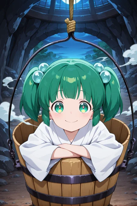 absurdres, highres, masterpiece, best quality, amazing quality, official anime artwork, screencap, anime screencap, indoors, looking at viewer, cave, night, glowing eyes, evil smile, smoke, 
<lora:Kisume_Illustrious:1> kisume, 1girl, solo, green eyes, green hair, short hair, short twintails,, hair bobbles, white kimono, long sleeves, wooden bucket, in bucket,