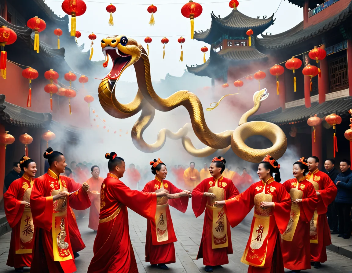 In the magic of the Chinese New Year 2025, the Year of the Snake emerges in splendor. The streets are adorned with golden streamers, symbols of wisdom and renewal. Dancers in shimmering costumes weave to the beat of drums, while incense fills the air. Families exchange red envelopes, hoping for luck and prosperity, celebrating a radiant future together