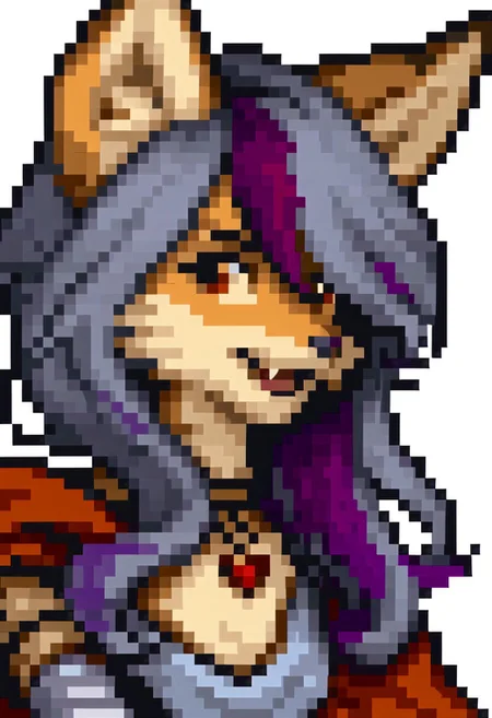 score_9, score_8_up, score_7_up, source_furry, fe4portraits, portrait, white background, pixel art, source_furry, fox girl, sfxm, anthro, female furry, fox, fox tail, fox ears, body fur, fluffy, paws, tunic, cape, scarf, heart-shaped pendant, bandages, red eyes, open mouth, fangs, (red hair, (violet highlights:2)),