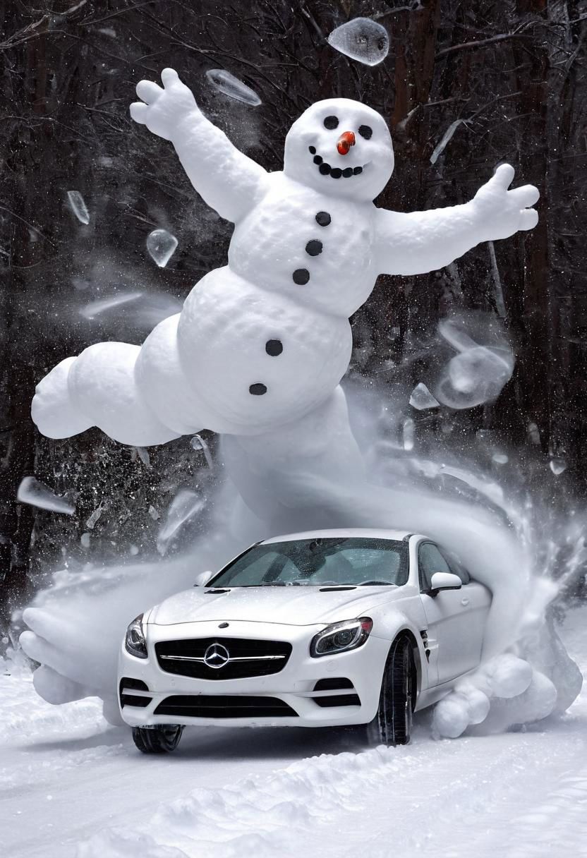 A super fast car crashes into snowman, photo in phst artstyle, sacred geometry, cofzee, FrostedStyle, translucent, transparent, deviantart, award winning photo