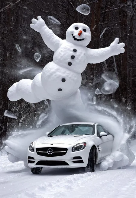 A super fast car crashes into snowman, photo in phst artstyle, sacred geometry, cofzee, FrostedStyle, translucent, transparent, deviantart, award winning photo