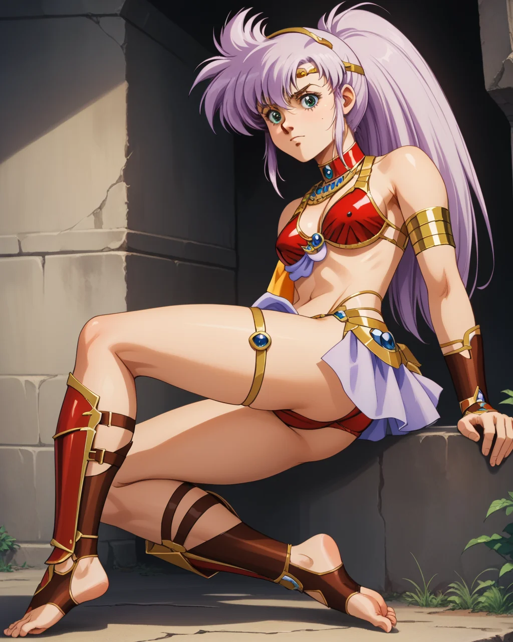 score_9, score_8_up, score_7_up, masterpiece, BREAK, 1girl,  solo,   lemnear_ba, 1girl, solo, lavender hair, bangs, long hair, ponytail, gold headband , green eyes, red bikini armor top with lavender cloth, red choker with gold trim, single gold armband, single arm cloth, bracers, red bikini armor bottom, lavender showgirl skirt, midriff, single red thigh band, red greaves, red toeless legwear, toes,official art <lora:10_Lemnear_pdxl:1>