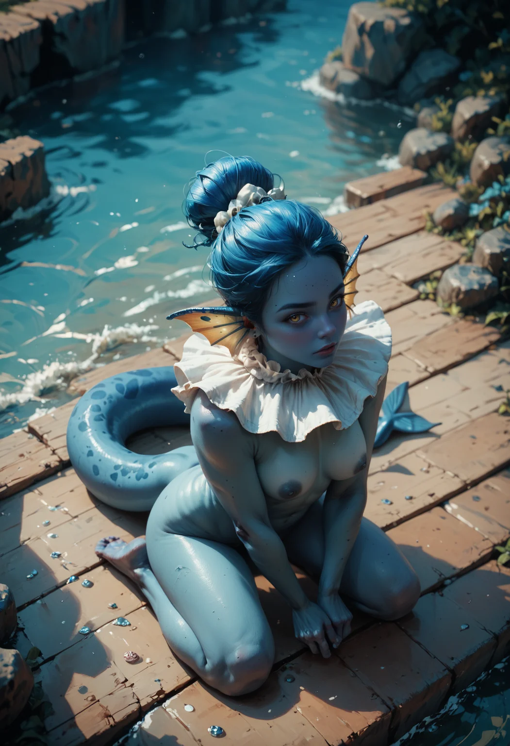 score_9, score_8_up, score_7_up, score_7, score_6_up, score_5_up, a woman is dolleij06,ruff, blue skin, fintail <lora:dolleij06-000008:1>, dynamic angle, nude, kneeling
