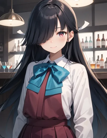 (score_9, score_8_up, score_7_up,source_anime,best quality,masterpiece,source_illust ),perfect anatomy,very aesthetic , absurdres ,intricate illustration ,ultra-detailed illustration,1girl hayashimod,black hair,very long hair, hair over one eye,very long hair, small breasts, school uniform,white shirt,aqua bowtie,purple red skirt,upper body,light smile,1girl is bartender, in bar,many bottoles,rock glass,night sky,window,face focus,low contrast,warm light,Incandescent light,blush, <lora:hayashimo_pony_v2:0.9>