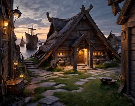 RAW photo, (masterpiece:1.3), subsurface scattering, heavy shadow, (high quality:1.4), (intricate, high detail:1.2), professional photography, HDR, High Dynamic Range, realistic, ultra realistic, photorealistic, high resolution, film photography, ambient lighting, atmospheric effects, <lora:detail_slider_v4:2>, OverallDetail, a medieval viking town, a harbour, a viking ship, ViVi, <lora:VikingVillage-10:1>, epiCPhoto