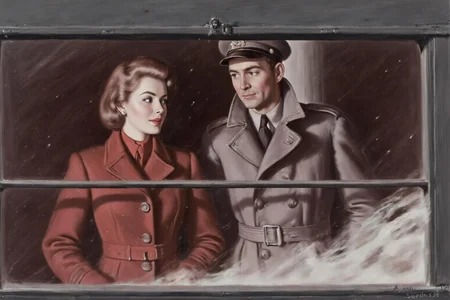 walterbaumhofer1 painting.
Inside a train carriage, a man and a woman stand by the window. The woman on the left wears a red coat and has short, styled hair. The man on the right wears a gray trench coat and a military-style cap. A streak of snow is being blown outside the window. <lora:walterbaumhofer1_cap_d8a4e12:1.0><lora:849099266789009638:0>