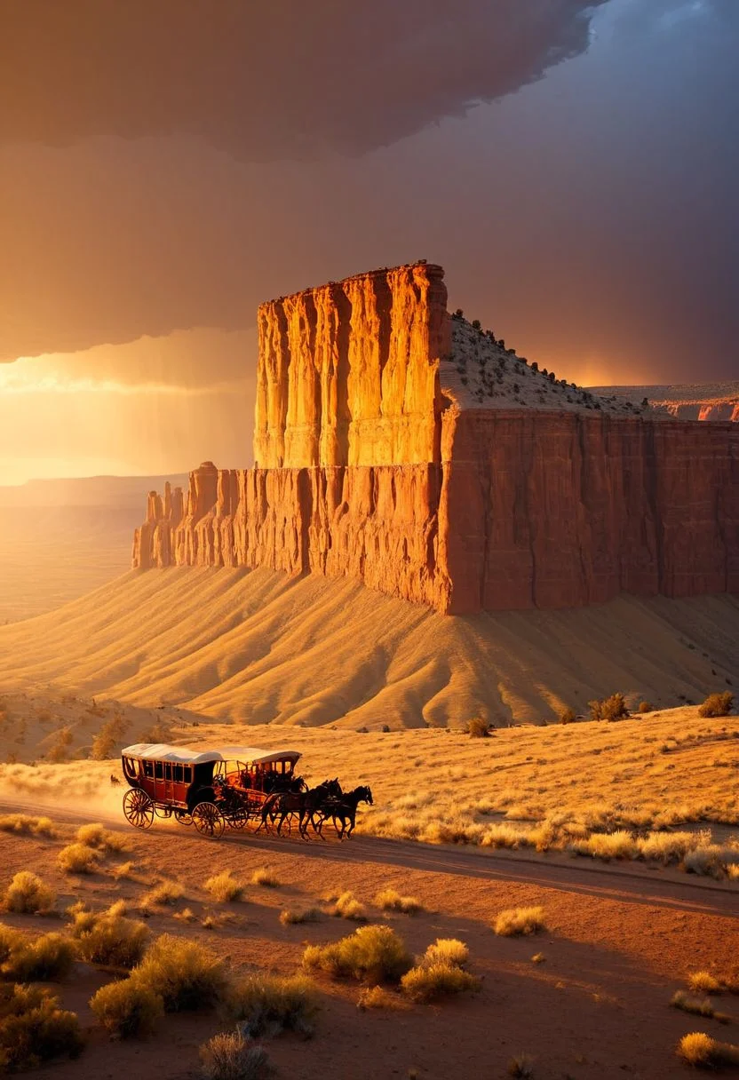 ispzxll, diorama, isometric, miniature, volumetric lighting style, intricate details, old west, americain frontier, wild west, horse, carriage, fast, view of bluff, dynamic frame, long shadows, golden hour, epic, rainstorm on horizon