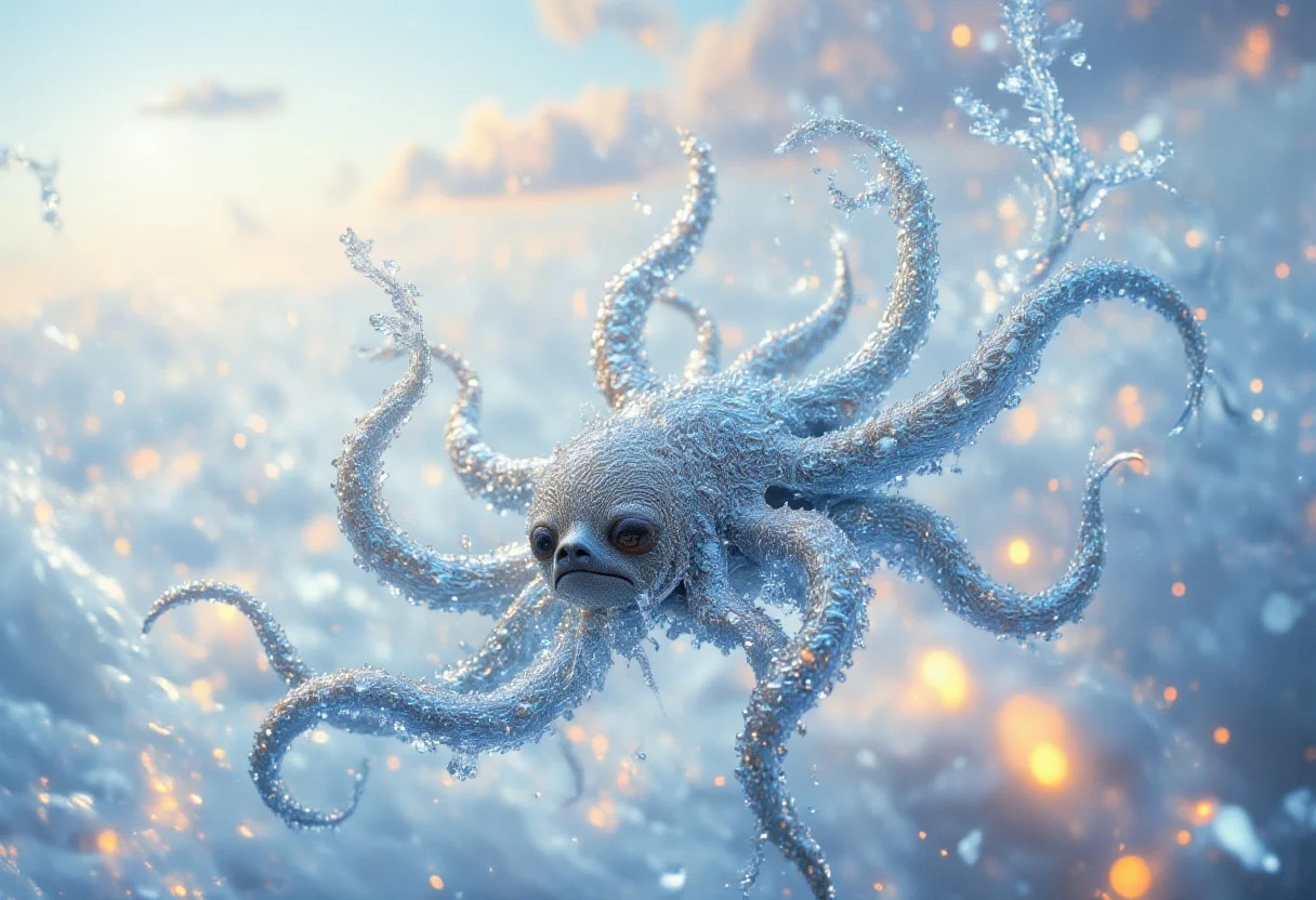 aidmaMJ6.1, aidmaimageupgrader, PsychadelicChaos, A surreal creature, a hybrid of a sloth and an octopus, gracefully glides through a vast, ethereal sky-ocean. Its body is semi-transparent, composed of shimmering water and crystalline ice, reflecting the soft, diffused light of a glowing, pastel-colored horizon. The creature’s elongated limbs flow like liquid, resembling sloth arms fused with the sinuous, tentacle-like movements of an octopus, trailing faint streams of mist and sparkling ice particles as it moves. Its serene face carries the calm, slow expression of a sloth, while its tentacles ripple with mesmerizing fluidity, blending seamlessly with the waves of the sky. Surrounding it, the sky is filled with drifting currents, scattered with glowing bioluminescent particles and faint silhouettes of other marine-like creatures, all suspended in an endless ocean of air.