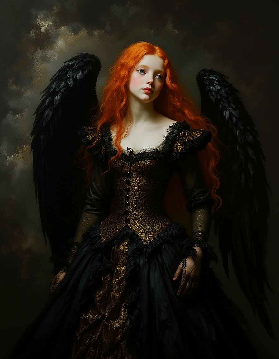 Minimalist painting of a teen female angel wearing an ornate black and gold dress by Albert Lynch, Abbott Handerson Thayer, highly detail, best quality, feathery angel wings, high camera angle, standing in the center of a nebula, shy, corseted, bodice, crinoline, bustled, innocent, serene, white skin, pale skin, blue eyes, long flowing red hair, ultra detailed, romantic, brush strokes, focus on the girl, shadow and light, Masterpiece, intricate lines, intriguing atmosphere, sharp magnificent details, delicate features, elaborate details, (2\3 rule composition:0.5), ultra detailed, romantic, Rembrandt lighting, brush strokes,  del1cate_balance style, in the style of Rembrandt. vantablack <lora:style_of_Rembrandt_FLUX_135:.8> <lora:- Flux1 - vanta_black_V2.0:.8> <lora:Delicate_Balance:.3> <lora:neeeg_f1:-1>
