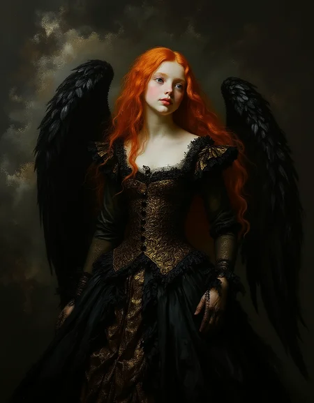 Minimalist painting of a teen female angel wearing an ornate black and gold dress by Albert Lynch, Abbott Handerson Thayer, highly detail, best quality, feathery angel wings, high camera angle, standing in the center of a nebula, shy, corseted, bodice, crinoline, bustled, innocent, serene, white skin, pale skin, blue eyes, long flowing red hair, ultra detailed, romantic, brush strokes, focus on the girl, shadow and light, Masterpiece, intricate lines, intriguing atmosphere, sharp magnificent details, delicate features, elaborate details, (2\3 rule composition:0.5), ultra detailed, romantic, Rembrandt lighting, brush strokes, del1cate_balance style, in the style of Rembrandt. vantablack <lora:style_of_Rembrandt_FLUX_135:.8> <lora:- Flux1 - vanta_black_V2.0:.8> <lora:Delicate_Balance:.3> <lora:neeeg_f1:-1>