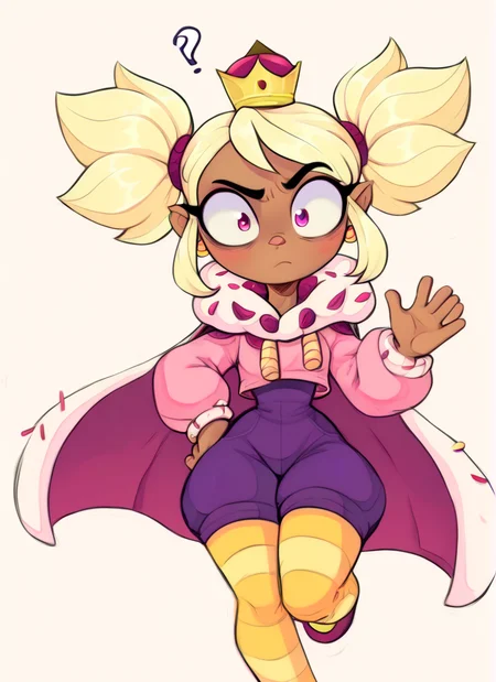 score_9, score_8_up, score_7_up, <lora:bsmandy:1> 1 girl , bsmandy ,dark-skinned female , simple background, , blonde hair, crown , full body, short twintails, bodysuit, purple shorts ,pink sweater, cape, yellow striped thighhighs, upper body, ,confused, solo , <lora:Aer0Zer0_Artist_Style:1>aerozerorisk