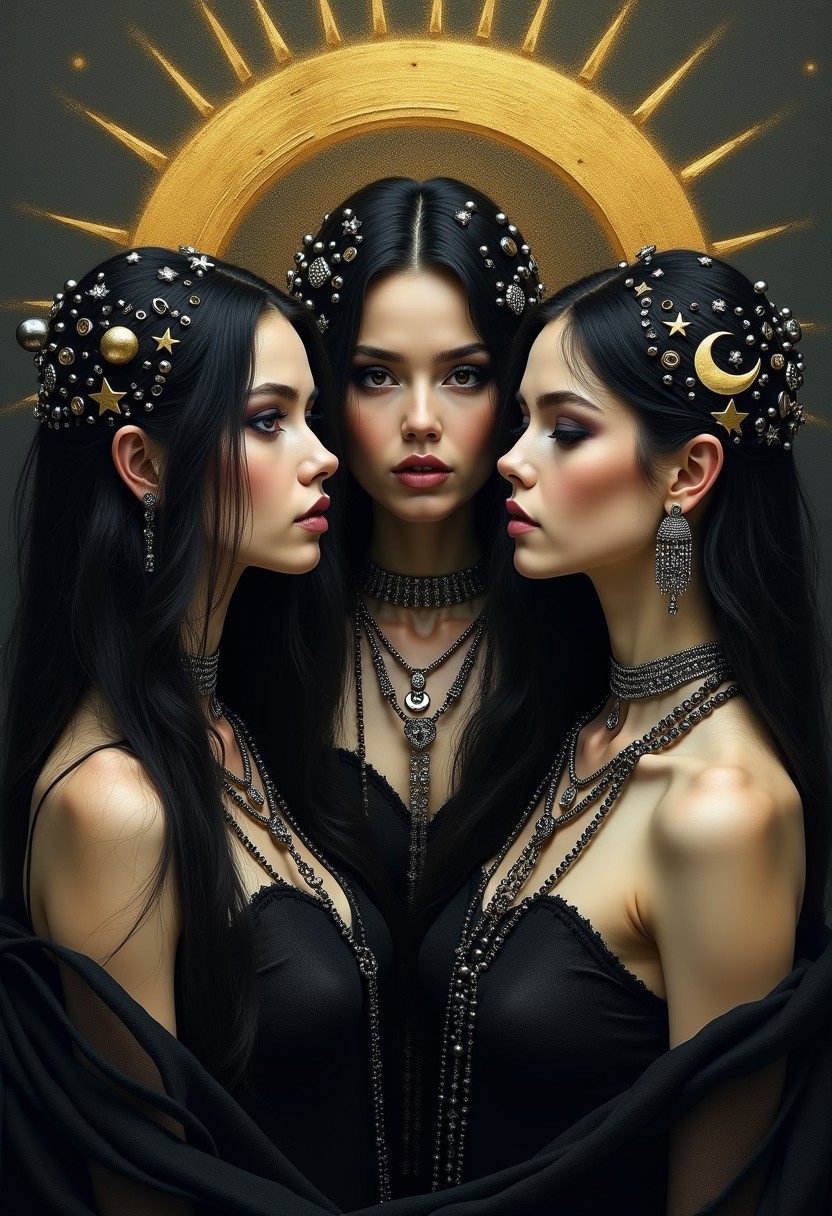 Black and gold, three moon goddesses with dark hair in the style of oil painting. The first has two moons on her head, black eyes, and is wearing an ornate headdress that resembles stars or celestial bodies. The second woman's face looks into space. The third female stands behind them both, looking at each other with golden rays emanating from their heads. They have long, bejeweled necklaces and earrings made of silver jewelry, surrounded by a misty, moody darkness.