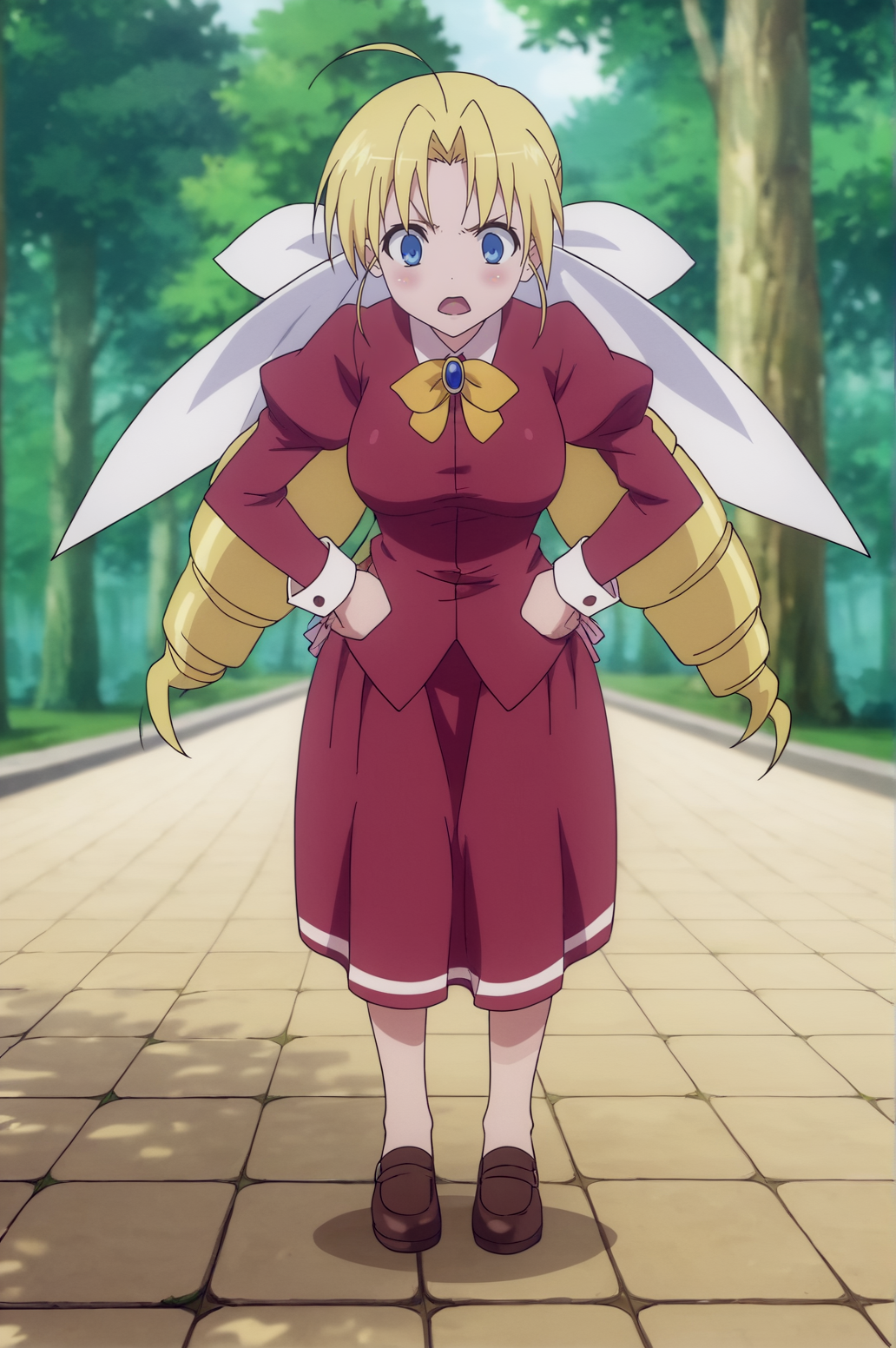 score_9, score_8_up, score_7_up,anime_source, source_anime, best background, detailed background, anime screencap,  Selnia Iori Flameheart, Main Outfit, hands on hips, full body, outdoors, dynamic angle, dynamic camera, dynamic pose,  <lora:JN_Selnia_Iori_Flameheart:0.8>