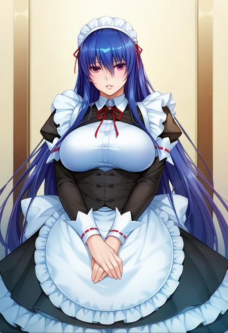 score_9, score_8_up, score_7_up, score_6_up, score_5_up, score_4_up, masterpiece, best quality, BREAK, 
1girl, indoors, <lora:Akiyama_Rinko_Pony_test:1> arinko, long hair, blue hair female, large breasts, maid headdress, maid outfit,