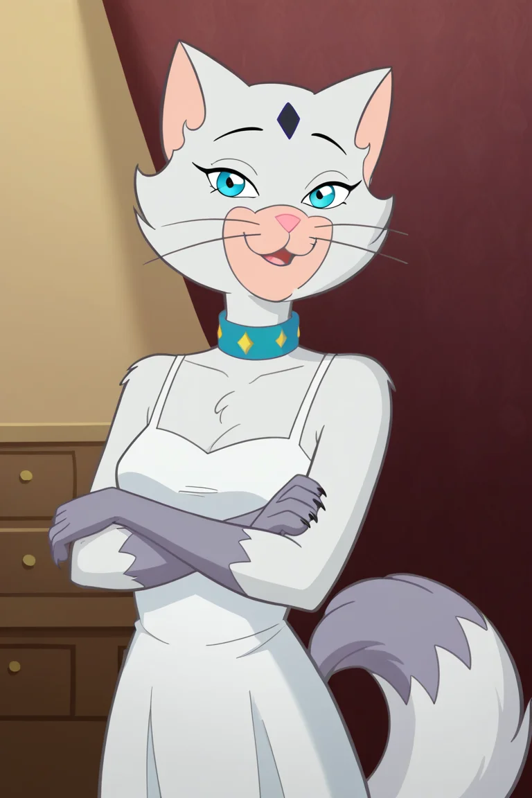 highres, high resolution, good quality, high quality,score_9, score_8, good anatomy, score_8_up, score_7_up,detailed face:1, detailed eyes:1, absurdres, newest,  solo,, bald, 1girl, anthro, furry, furry female, furry female,cat, 1girl, solo, anthro, furry female, anthro, furry female, long tail, fluffy tail,,, dress, long dress, modest dress, happy, detailed background, looking at viewer, upper body,princesskrypto, blue eyes,blue collar, whiskers, cat