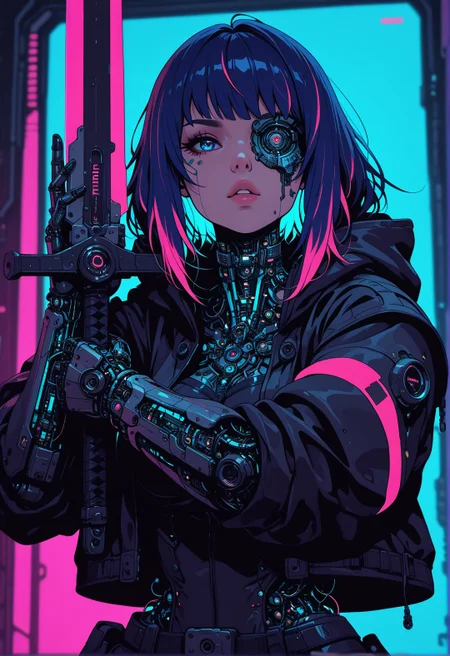 <lora:ck-shadow-circuit-IL:0.65>, 
masterpiece, best quality, good quality, very aesthetic, absurdres, newest, 8K, depth of field, focused subject, vivid color, deep colors, dramatic lighting, intricate details, thick contours, volumetric shadows, Expressiveh, sultry, parted lips, 1 girl, solo, wielding a sword, rage, neon color hair, standing, stance, exposed robotic eye glows a brilliant blue, illuminating the intricate cybernetic components beneath her.
in a cyberpunk church, dynamic side angle, sexy, upper body, 
 <lora:MoriiMee_Gothic_Niji_Style_Illustrious_r1:0.50> 
<lora:ck-nc-cyberpunk-IL-000011:0.6>
timewarp, warphole, nistyle Incorporate dynamic lighting with glowing accents and sharp highlights, emphasizing a polished, high-tech appearance. Backgrounds should feature bold, geometric patterns or abstract digital elements, such as grids, streaking lines, creating a sense of motion and energy. Surfaces should appear reflective or metallic, with fine attention to detail in textures and shadows. The composition should feel cinematic and intense, with a focus on clean, precise lines and a sense of technological sophistication
 <lora:ck-neon-retrowave-IL:0.2>