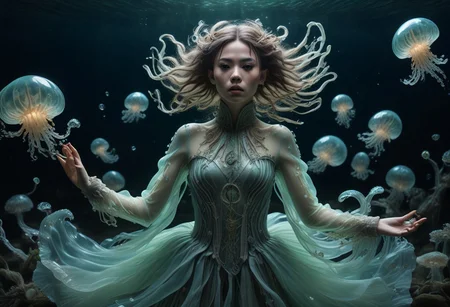 long mid shot portrait photography of an ethereal warrior, (glowing runes: 1.1), fairytale aesthetic. light green sheme, Photorealistic, intricate details, realism, sfw, ultrasharp,photography, floating, dress, water, under water, jellyfish, haute couture, tentacles, bioluminescence