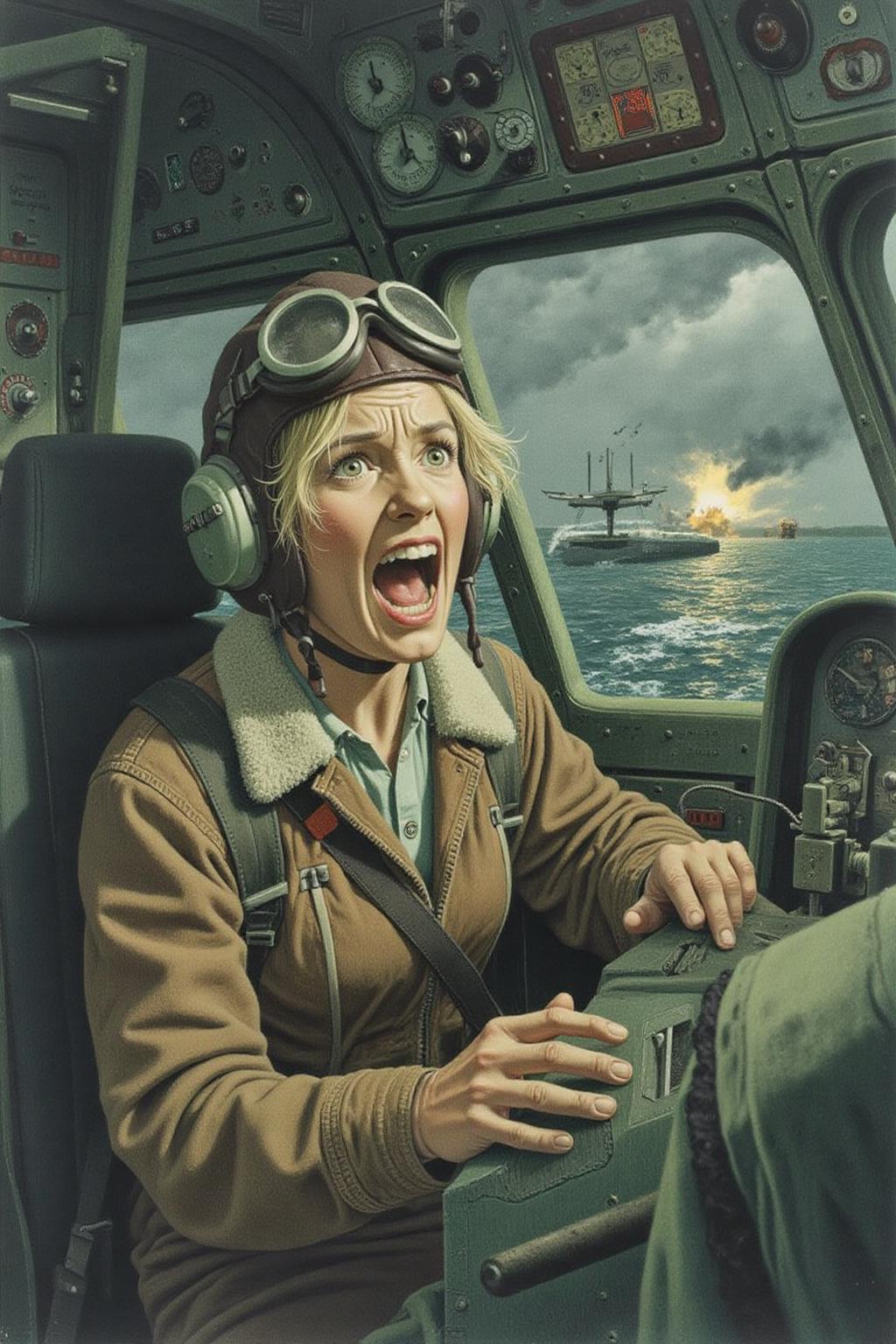 jeanleonhuens1 illustration.
A female pilot screaming inside the cockpit of a World War II bomber. The pilot, wearing a vintage leather flight helmet with goggles and a bomber jacket, grips the controls with white-knuckled hands. Her face is contorted in a mix of fear and determination as she yells, her eyes wide with adrenaline. The cockpit is cramped and filled with old-fashioned dials and gauges, with the outside view showing dark stormy clouds and distant anti-aircraft fire <lora:jeanleonhuens1_ap_d6a3e12:1.0><lora:844820325104455122:0>