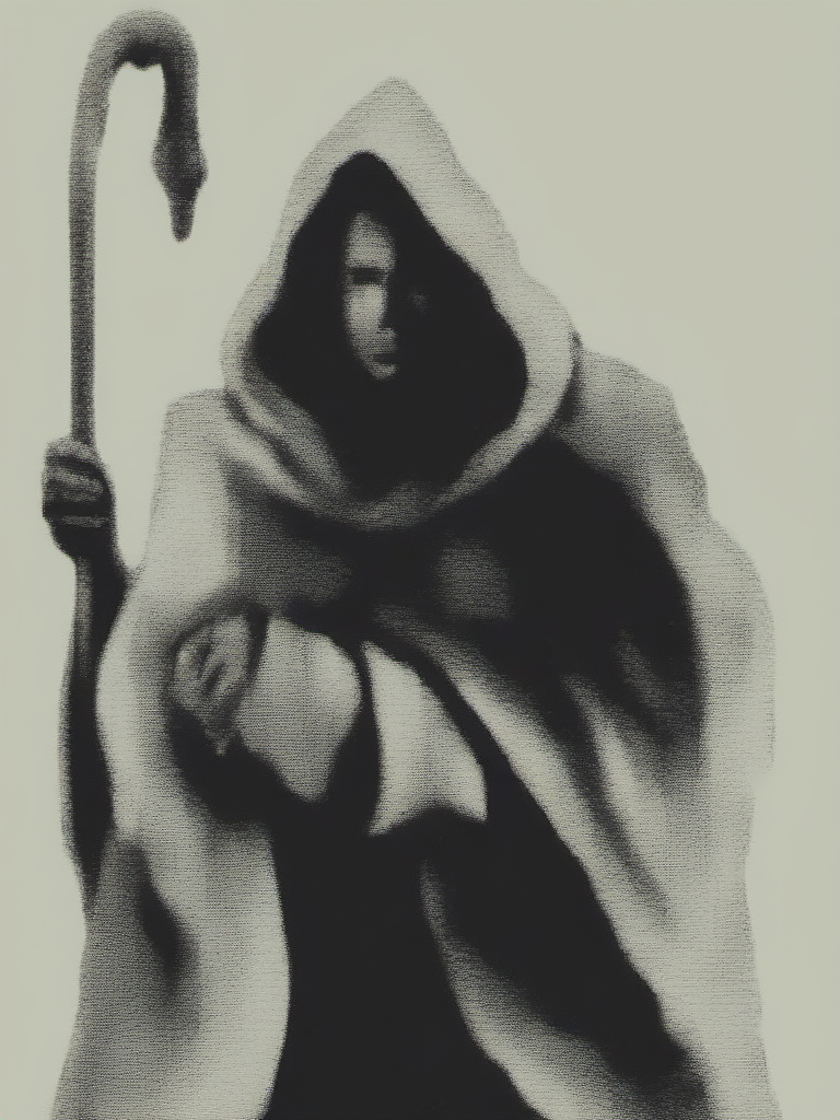 vermis style, solo, simple background, man, holding, standing, monochrome, male focus, hood, staff, cloak, smoke, holding staff,  <lora:VermisStyleXL:0.8>
