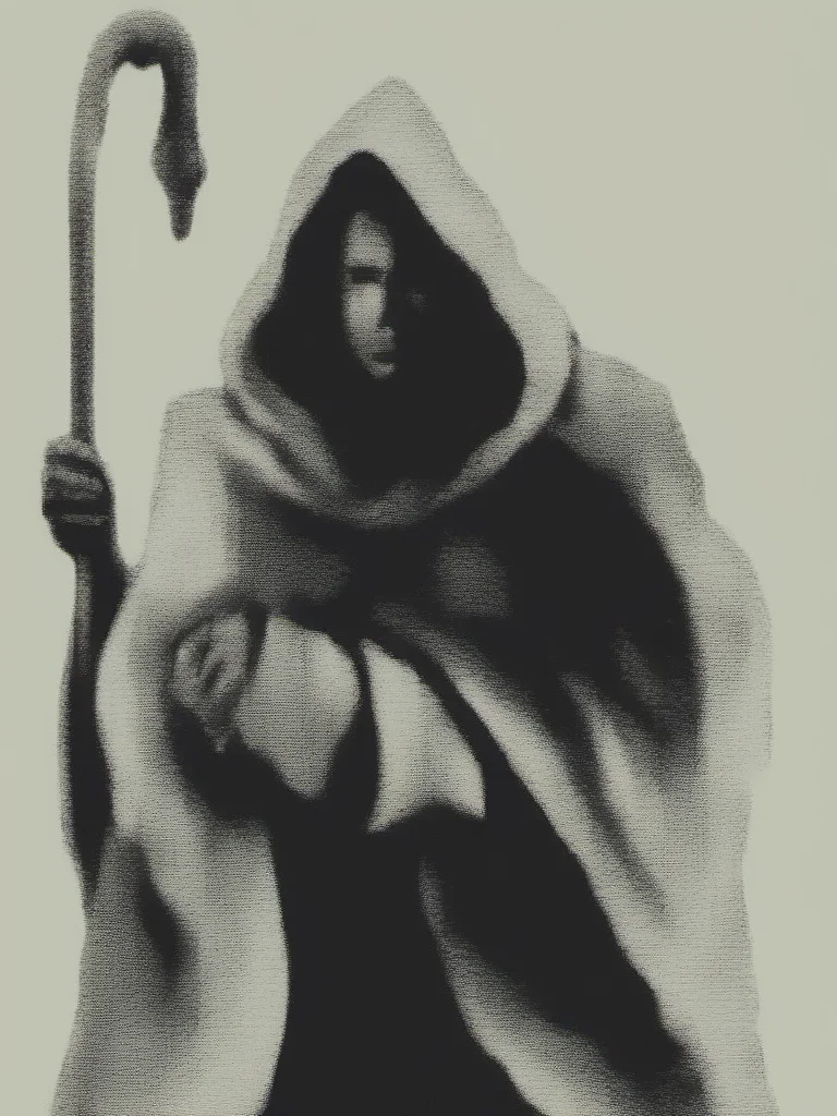 vermis style, solo, simple background, man, holding, standing, monochrome, male focus, hood, staff, cloak, smoke, holding staff, <lora:VermisStyleXL:0.8>