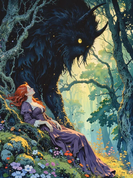 famous artwork, masterful watercolor and ink painting inspired by the styles of kay nielsen and studio ghibli, dreamlike and ethereal, in the heart of an ancient forest, where ancient, moss-covered trees stand like silent sentinels and wafts of morning mist drift through the scene, a young woman with long, flowing, fiery red hair sleeps peacefully in the arms of a gigantic towering whimsical magical creature with clean thick and fluffy, velvety black fur, her long dress cascading in soft folds around her. the long, frilled victorian dress is of a dark plum color with beautiful ornate embroidery, the dress comes with intricate frilled lace cuffs, puffed-up shoulders, and a high collar, its rich fabric catching the dappled light, creating subtle highlights and shadows that enhance its opulent texture, her eyes are closed, and her expression is serene. the enormous, fluffy black creature watches the surrounding with glowing, otherworldly eyes, its fur meticulously rendered with thousands of fine, silken strands, shimmering with an almost magical softness, its presence both comforting and mysterious, like a guardian spirit of the enchanted wood. the surrounding forest is lush and overgrown, bathed in dappled light filtering through the treetops, a rich interplay of golden sunbeams and deep shadows casting mesmerizing patterns on the mossy ground, tiny glowing bugs drifting through the air like fairy lights, the background fades into a haze of deep greens and mystical blues, the forest stretching endlessly beyond sight. the foreground shows some colorful wildflowers in shades of purple, blue, and orange, adding a touch of vibrant contrast to the scene. the composition is intimate yet expansive, with a slightly elevated and off-center perspective offering a full view of both the woman and the creature, the curve of its enormous body cradling her in a protective embrace, drawing the viewer into a scene that feels at once safe and profoundly magical. the color palette is dominated by deep, mystical greens and velvety blacks, providing a dramatic contrast to the woman's vivid red hair, the interplay of dark and light evoking a sense of wonder and surreal beauty, capturing the essence of a timeless fairytale. delicately hand-painted textures, exquisite detailing in the lace, fur, and forest elements, infused with a sense of nostalgia and myth, soft and flowing brushstrokes lend a dreamlike, painterly quality, evoking the enchanted worlds of folklore and forgotten legends. delicately painted on hand-textured washi paper with archival ink and watercolor, masterful use of shadow and light creating depth and movement, bringing this mythical moment to life with haunting beauty, ovg, studio ghibli dark fairytale, style of rembrandt, <lora:style-dark_ghibli-flux-by_arsmachina:0.72> <lora:style-rembrandt-flux-by_tangbohu:0.72>