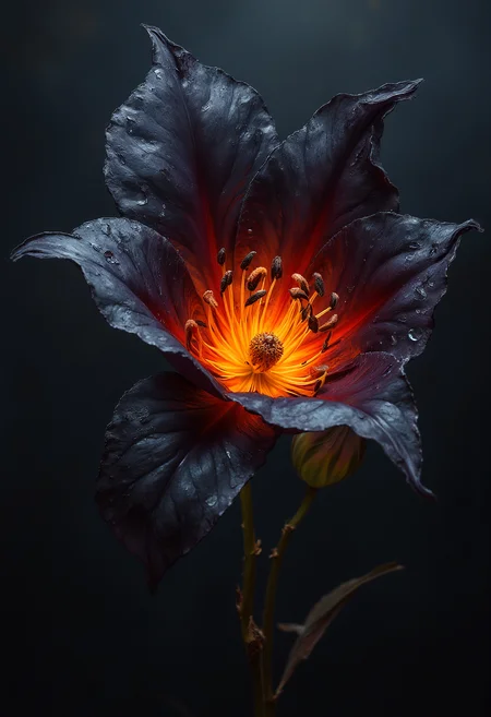A charred black flower, vibrant glow