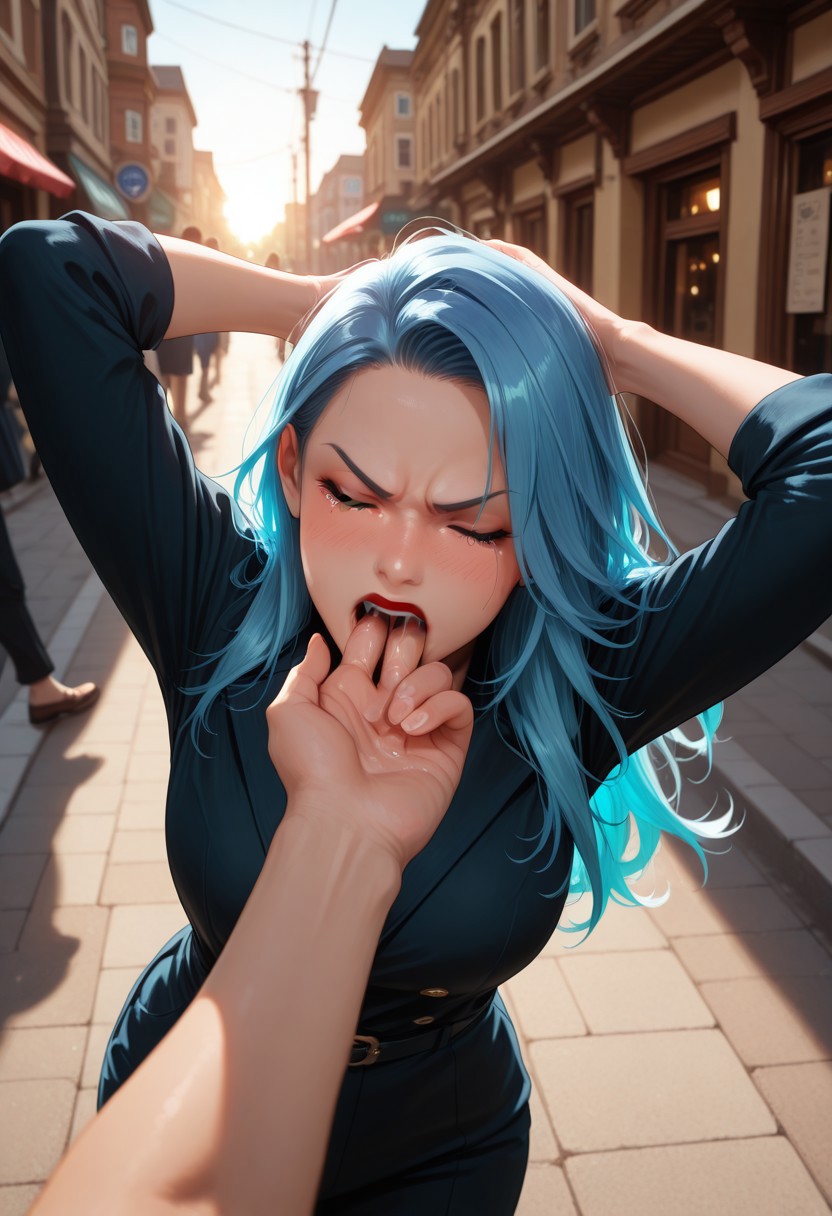 masterpiece, best quality, very aesthetic, absurdres, cinematic lighting, detailed, intricate details, dynamic angle,
BREAK,
1girl, stunning 24yo, long hair, blue hair, green eyes, red lips, 
BREAK,
(standing), (hands behind head), arms up,
pov hands, domination, dominant male, 
hand in another's mouth, open mouth, face focus,
saliva, 
BREAK,
angry, tears, tearing up, blushing, eyes closed, wince,
BREAK,
on the sidewalk, public street, day, sunlight, people in the background,