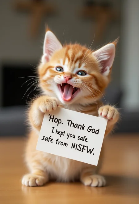 A smiling little kitten is holding a table and the sign says "Hop. Thank God I kept you safe from NSFW."