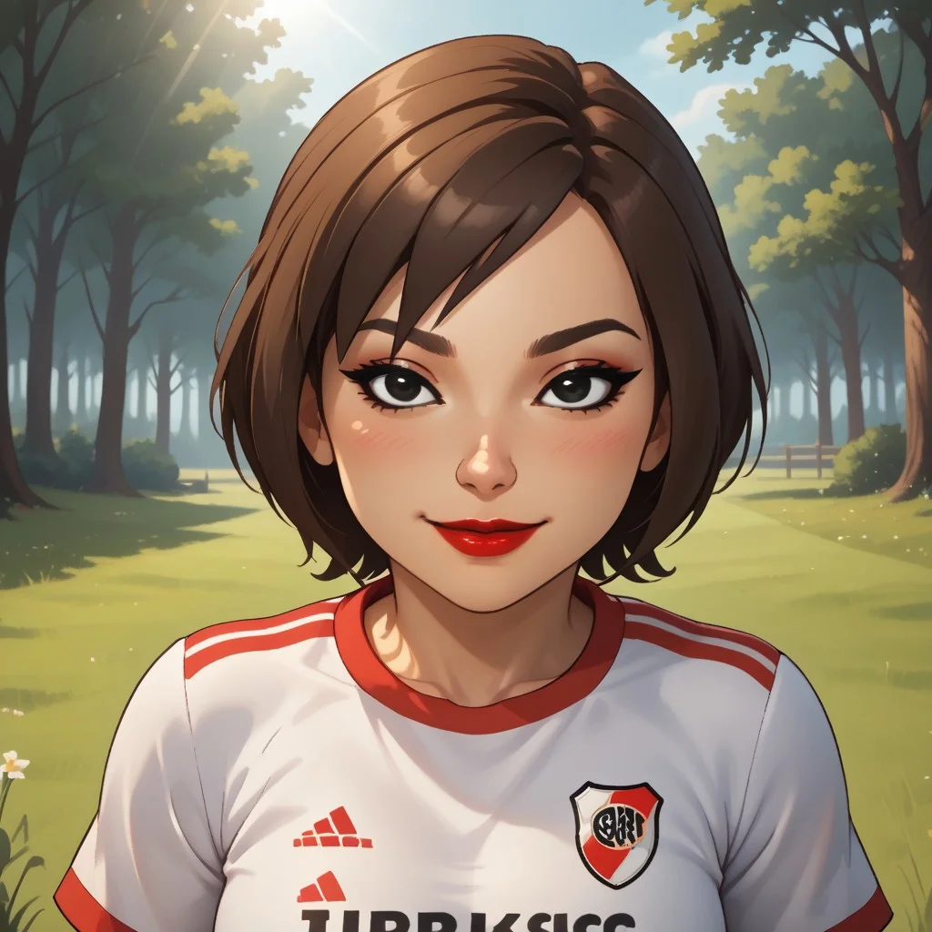 score_9, score_8, BREAK, solo, mii, wii u, wii sports club, 1girl, female mii, cute, brown hair, short ponytail, black eyes, makeup, blush, black purple eyeshadow, red lips, lipstick, RiverPlate, striped shirt, striped, shirt, white shirt, short sleeves, clothes writing, sportswear, soccer uniform, breasts, Se-Young_(\Wii_Sports_Club\), Nintendo Mii, modern_mii, classic_mii, adult female, mature female, sexy pose, self portrait, smile, outdoors, sunlight, shadows, evening lighting, natural lighting, forest, trees, grass, orange sky, sunset