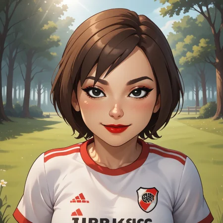 score_9, score_8, BREAK, solo, mii, wii u, wii sports club, 1girl, female mii, cute, brown hair, short ponytail, black eyes, makeup, blush, black purple eyeshadow, red lips, lipstick, RiverPlate, striped shirt, striped, shirt, white shirt, short sleeves, clothes writing, sportswear, soccer uniform, breasts, Se-Young_(\Wii_Sports_Club\), Nintendo Mii, modern_mii, classic_mii, adult female, mature female, sexy pose, self portrait, smile, outdoors, sunlight, shadows, evening lighting, natural lighting, forest, trees, grass, orange sky, sunset