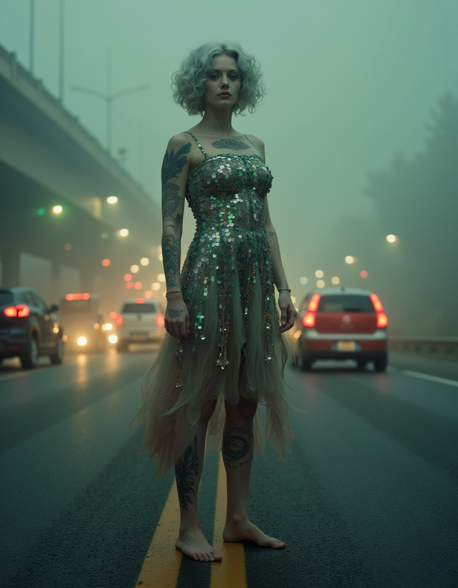 Full-length, shot of a young woman with pale skin. Her eyes are green. She has gothic tattoos on her legs and arms. She is barefoot.  Her colorful clothes are in sharp contrast to the muted tone environment. Curly Bob: A short cut designed to enhance natural curls.,standing straight, slight head tilt, direct gaze,. She wears Barefoot,Sequin Dress: A glamorous, shimmering dress covered in sequins.. Foggy Overpass: Cars rushing below through thick, atmospheric fog.. bokeh effect film effect highly intricate detail cinematic real aesthetic very fine elegant sharp focus creative positive light artistic cheerful rational new pleasant lovely.NyxBorne. A dreamlike, surreal composition. soft pastel hues of dawn gently illuminate her pale skin and cascade through her hair, which moves as though caught in an unseen current.
The atmosphere is imbued with quiet magic, the golden light creating an ethereal glow that contrasts with deep shadows. 
The image is framed cinematically, with dynamic movement and a perfect balance of light and shadow. The surrounding scene is both vast and intimate, evoking themes of liberation, solitude, and wonder. Each detail invites the viewer into a world of quiet surrealism, where the boundaries of reality and dreams dissolve., <lora:NyxBorne IE:0.8>