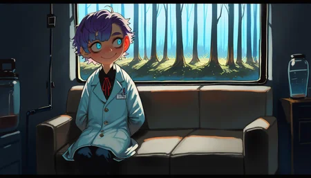 1girl,    purple hair, very short hair,          
BREAK   1girl, sitting on couch, hands behind back,  smile,    
BREAK               long white labcoat,  snowland, forest,    
BREAK (mossacannibalis:1.05), (zyugoya:0.8), (koto inari:0.85), masterpiece, best quality, very aesthetic, newest, <lora:ponyv5_noobV065S_1_adamW:0.7>, <lora:lora:0.5>
