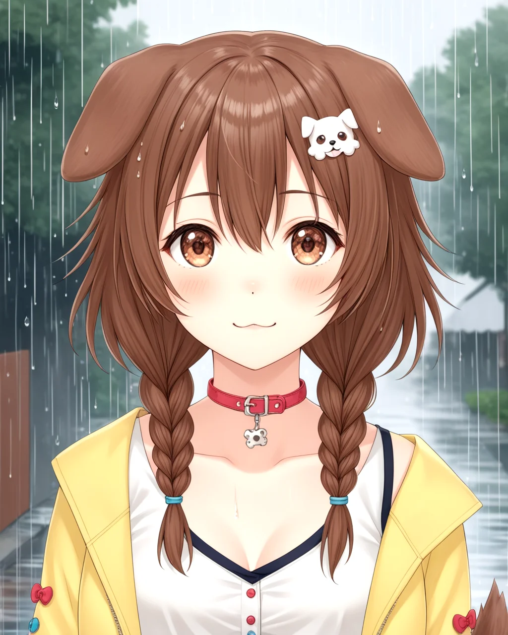 korone, inugami korone, :3, animal collar, bangs, blush, bone hair ornament, braid, brown eyes, brown hair, dog ears, dog girl, dog tail, hair ornament, long hair, looking at viewer, low twin braids, medium breasts, medium hair, solo, twin braids, virtual youtuber,
<lora:KORONE-XL-t1-000001:0.6>
yellow jacket, white shirt, collarbone, rain, depth of field,